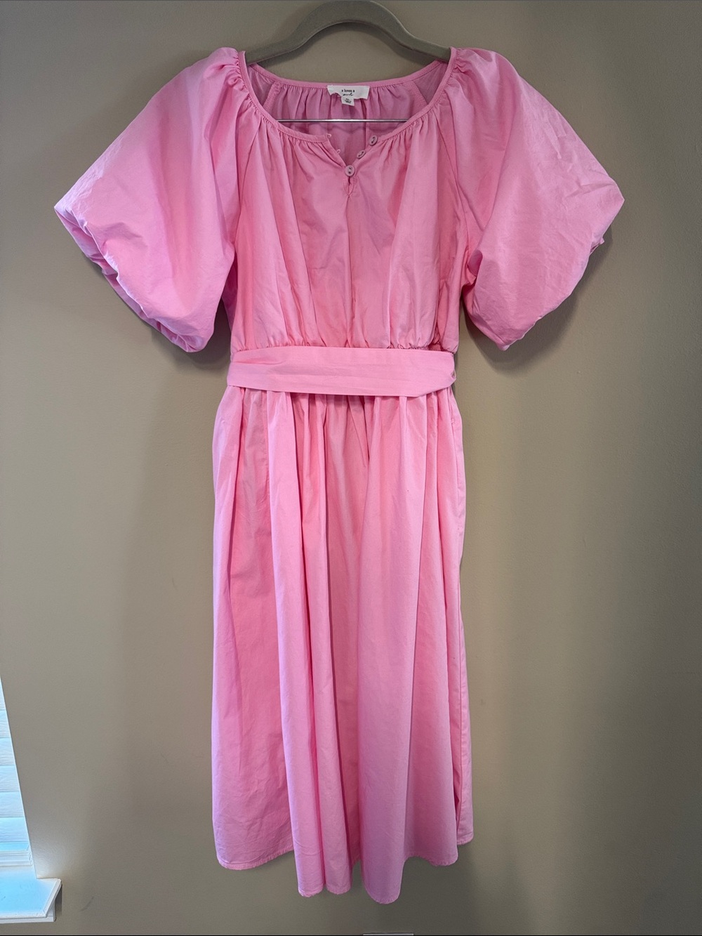 Girls' Light Pink Puff-Sleeve Midi Dress with Waist Sash